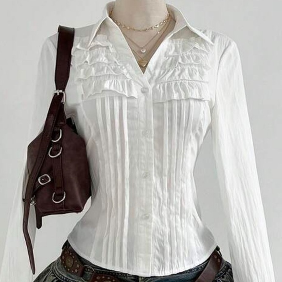 Chic White Ruffled Button-Down Shirt - Picture 8 of 12